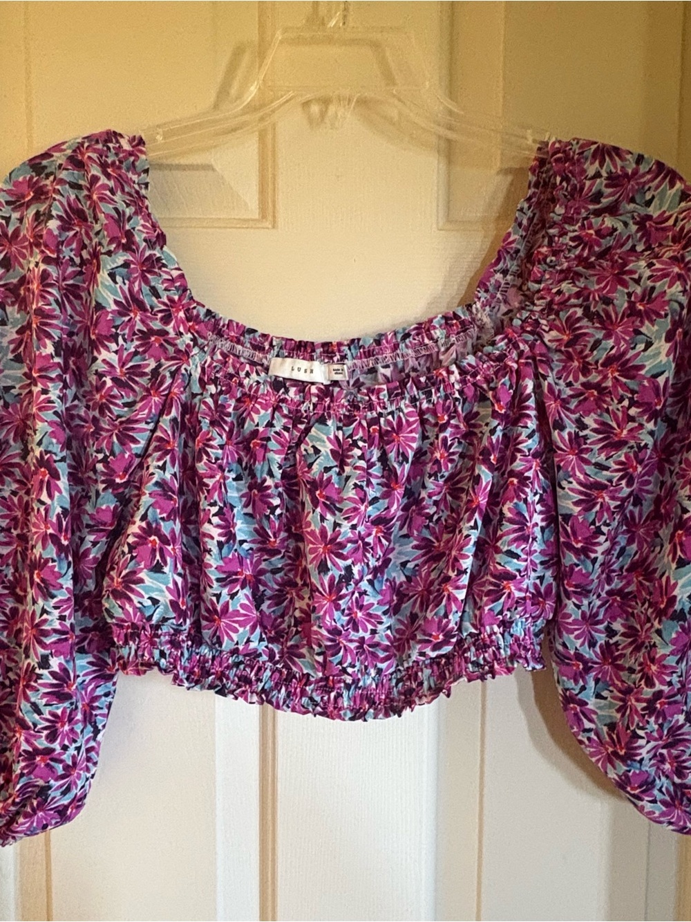 Lush Pink Floral Smocked Crop Top with Puff Sleeves